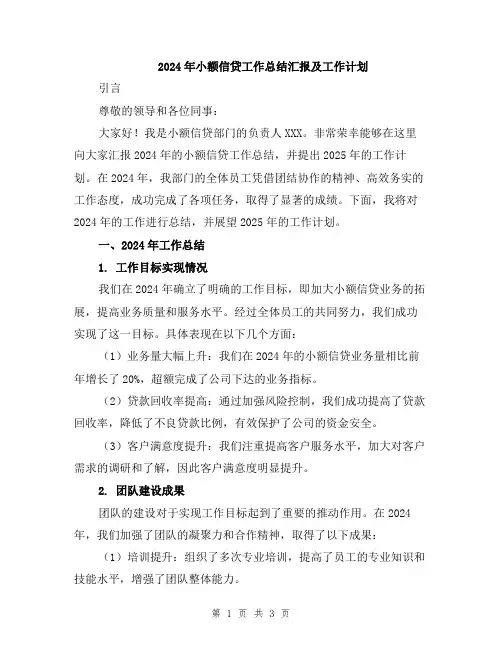 2024年小额信贷工作总结汇报及工作计划