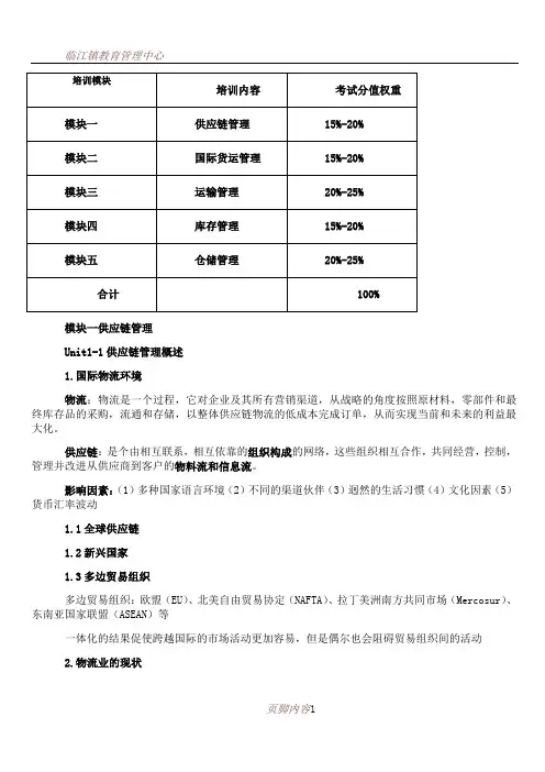 GLMP国际物流师-模块一-供应链管理-复习提纲