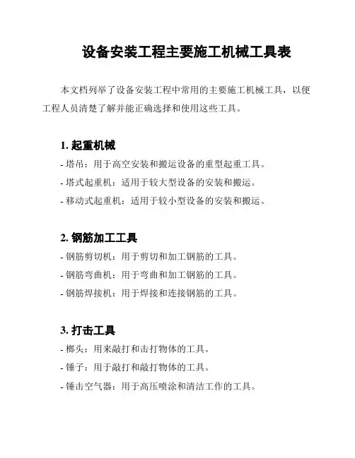 设备安装工程主要施工机械工具表