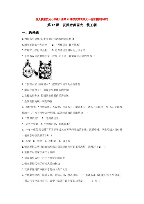 度人教版历史七年级上册第12课汉武帝巩固大一统王朝同步练习