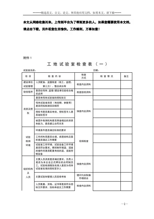 工地试验室及拌合站专项检查表格