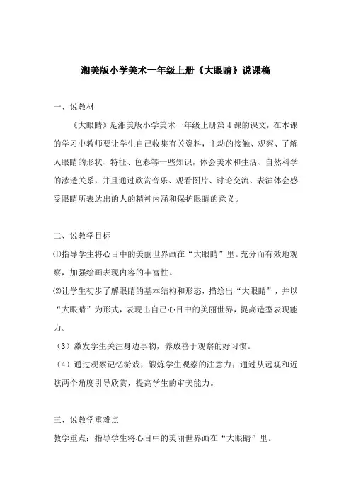 湘美版小学美术一年级上册《大眼睛》说课稿及教学反思