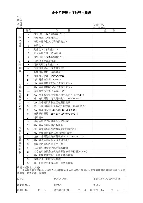 企业所得税年度纳税申报表主表及附表