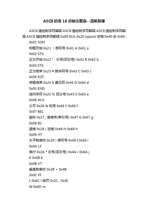 ASCII码表16进制完整版--清晰易懂