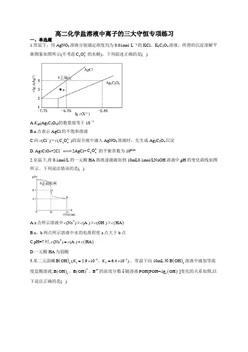 高二化学盐溶液中离子的三大守恒专项练习(附答案)