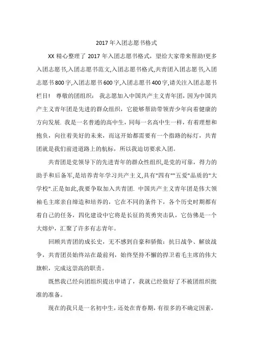 2017年入团志愿书格式