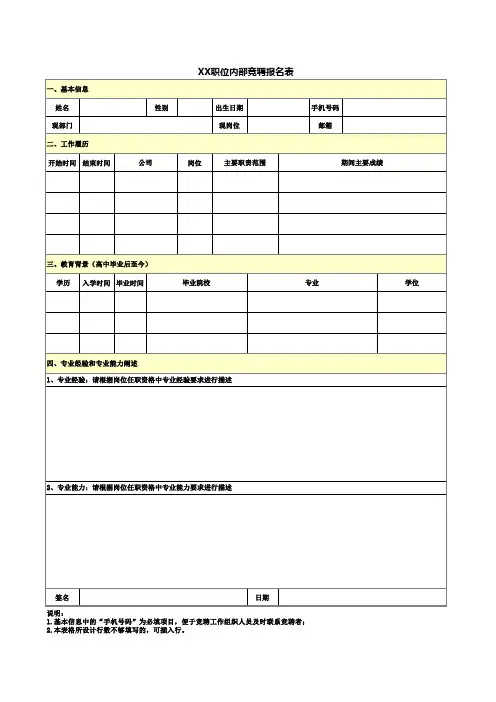 公司内部职位竞聘报名表模板