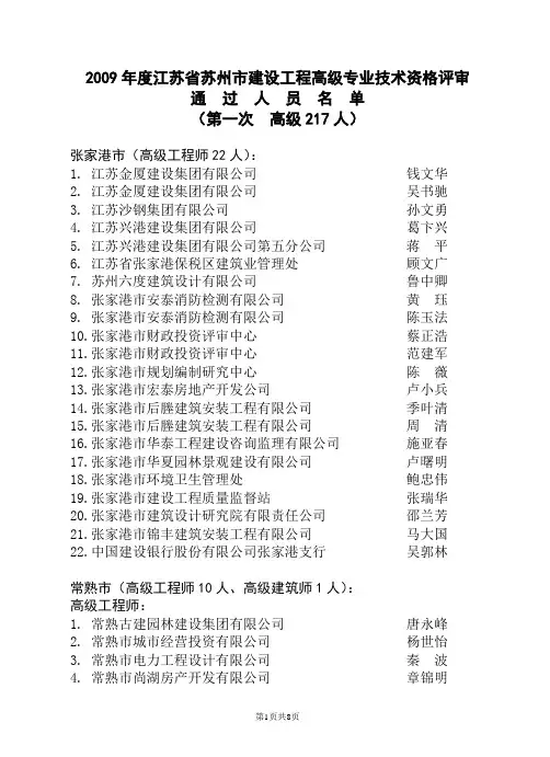 2009年度江苏省苏州市建设工程高级专业技术资格评审