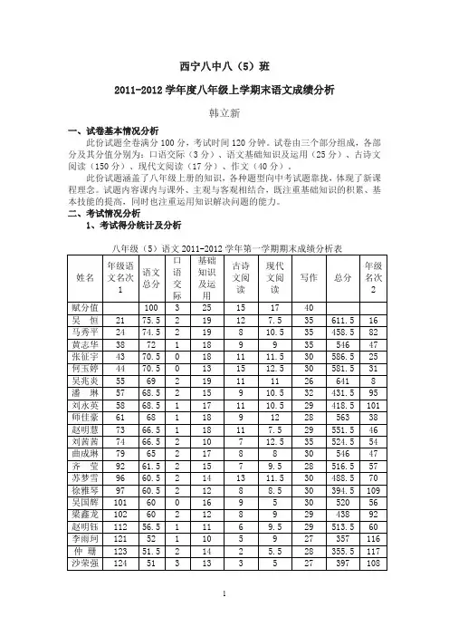 八年级语文成绩分析