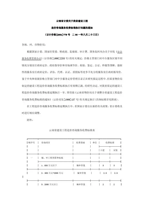 云南省建设工程造价咨询服务收费标准
