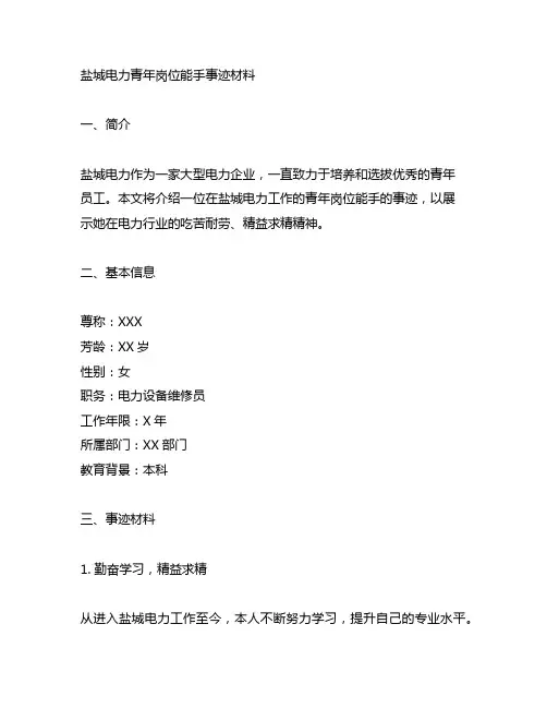 盐城电力青年岗位能手事迹材料