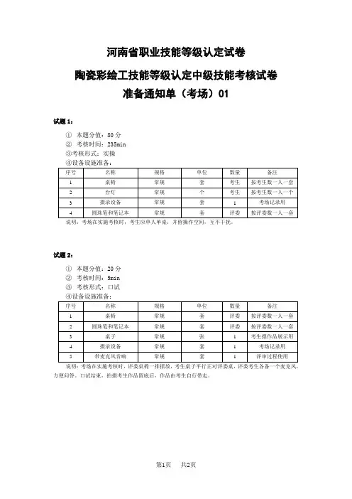 河南省职业技能等级认定试卷 样题 陶瓷装饰工(陶瓷彩绘工)考场、考生准备通知单01(样题) (2)