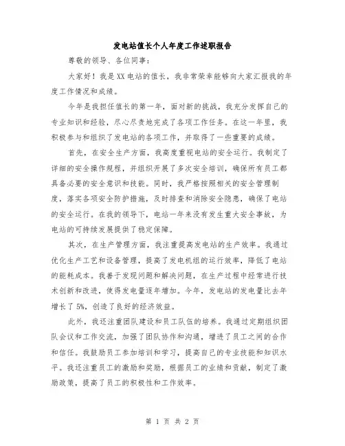发电站值长个人年度工作述职报告