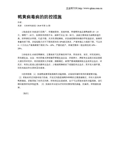 鸭黄病毒病的防控措施