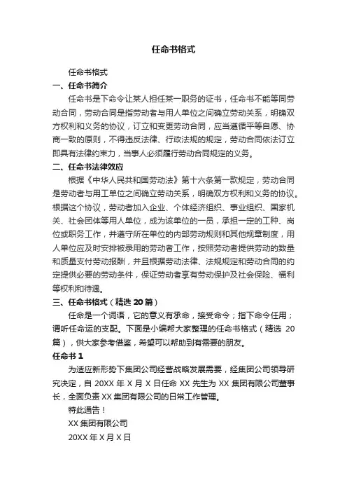 任命书格式（精选20篇）