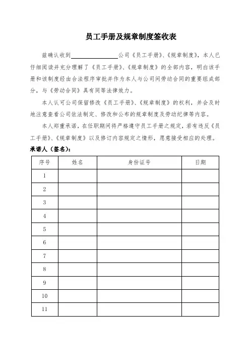 员工手册及规章制度签收表