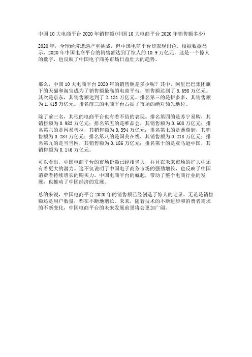 中国10大电商平台2020年销售额(中国10大电商平台2020年销售额多少)