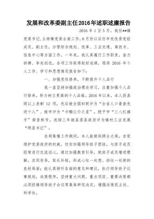 发展和改革委副主任2016年述职述廉报告
