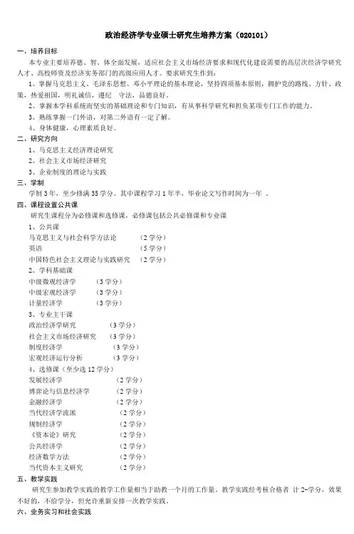 政治经济学专业硕士研究生培养方案(020101)