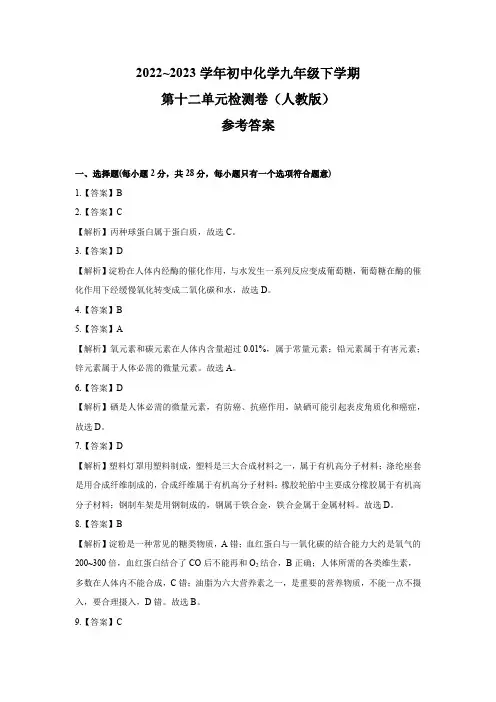 2022~2023学年初中化学九年级下学期第十二单元检测卷(人教版) 参考答案