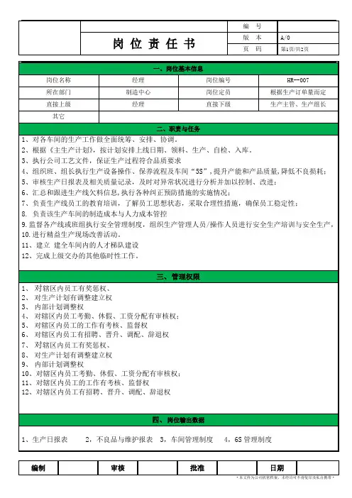 制造中心经理职务说明书