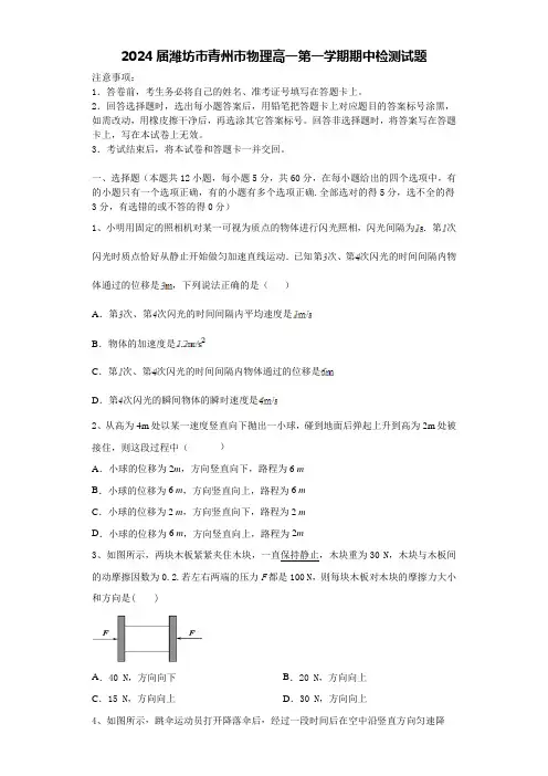 2024届潍坊市青州市物理高一第一学期期中检测试题含解析