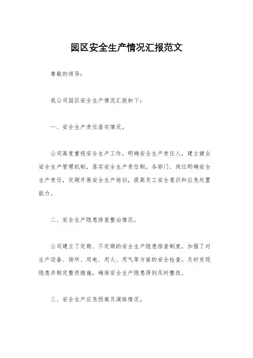 园区安全生产情况汇报范文