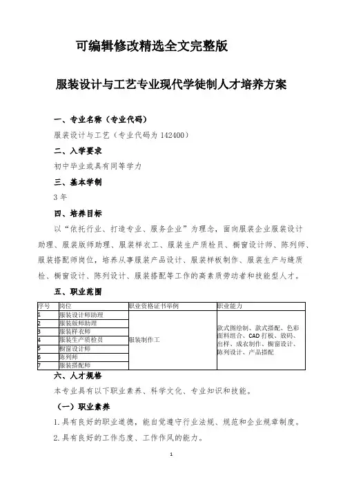 服装设计与工艺专业人才培养方案精选全文完整版