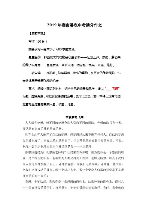 2019年湖南娄底中考满分作文《带着梦想飞翔》