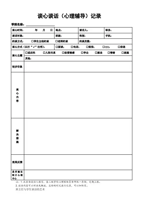 最新-辅导员班主任谈心谈话(心理辅导)记录表