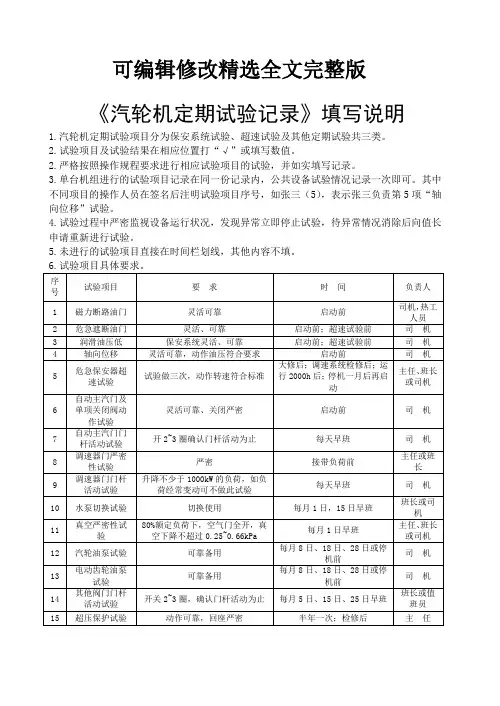 汽轮机试验记录精选全文完整版