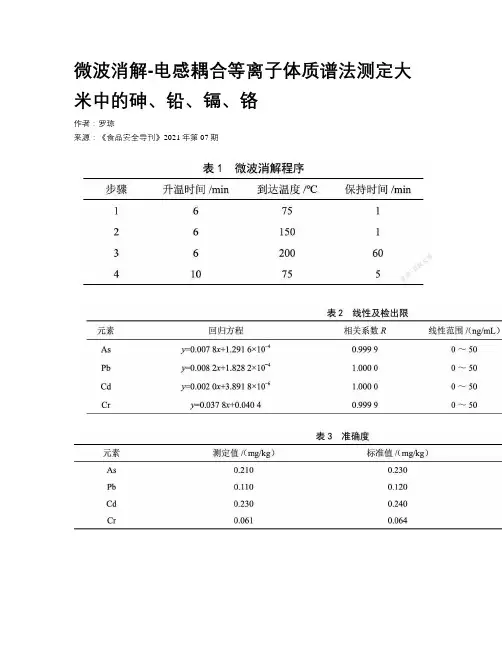 微波消解-电感耦合等离子体质谱法测定大米中的砷、铅、镉、铬