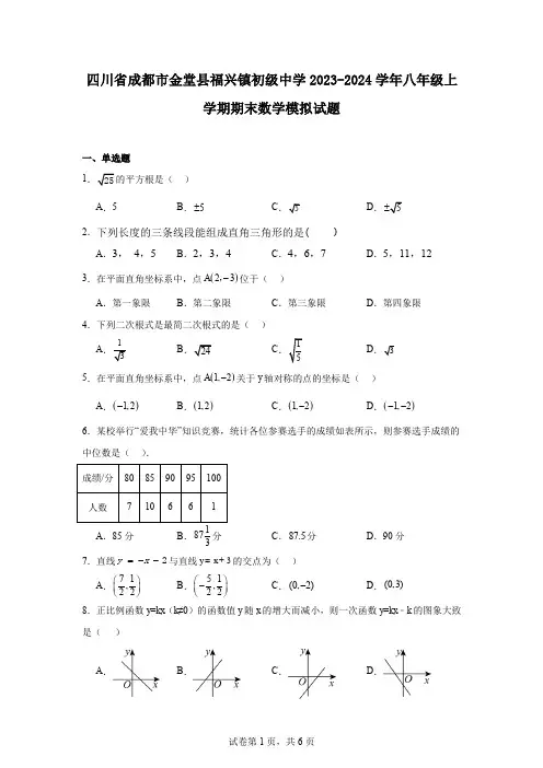四川省成都市金堂县福兴镇初级中学2023-2024学年八年级上学期期末数学模拟试题