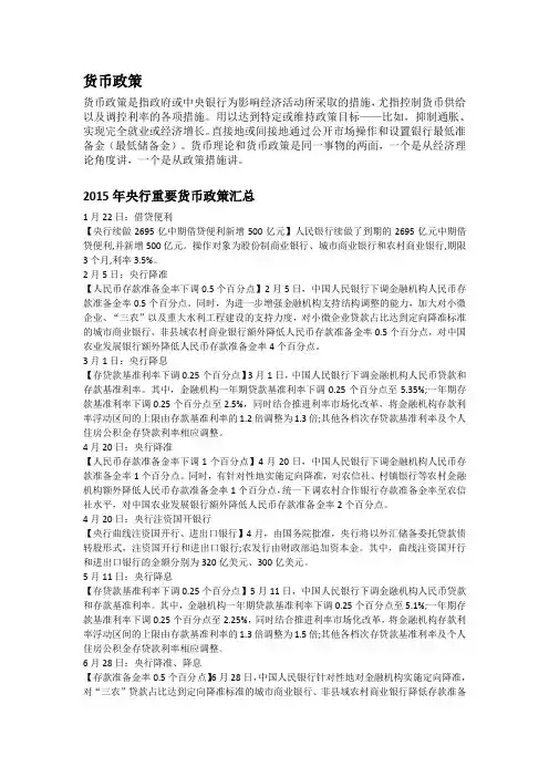 2015年央行重要货币政策汇总