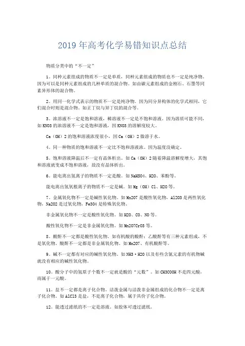 化学计划总结-2019年高考化学易错知识点总结 精品