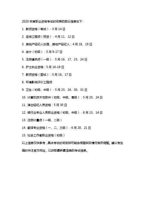2020年度职业资格考试时间表