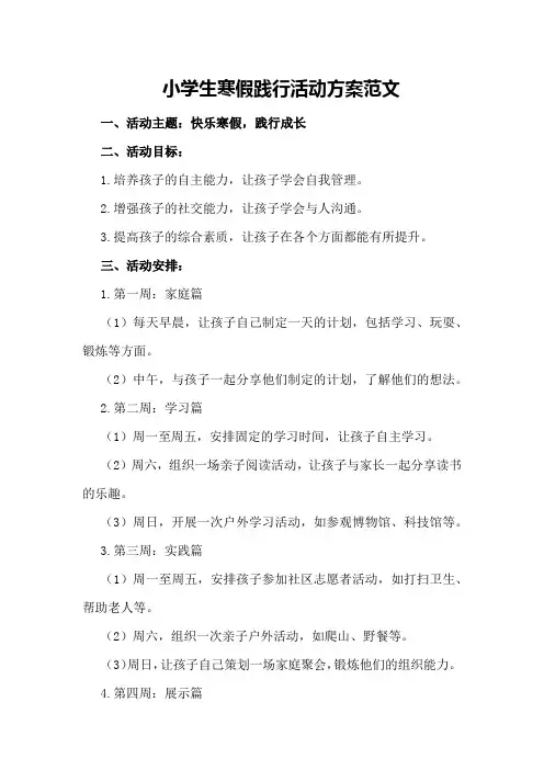 小学生寒假践行活动方案范文