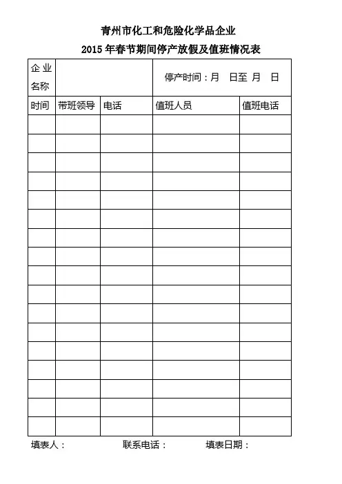 2015年春节期间停产放假及值班情况表