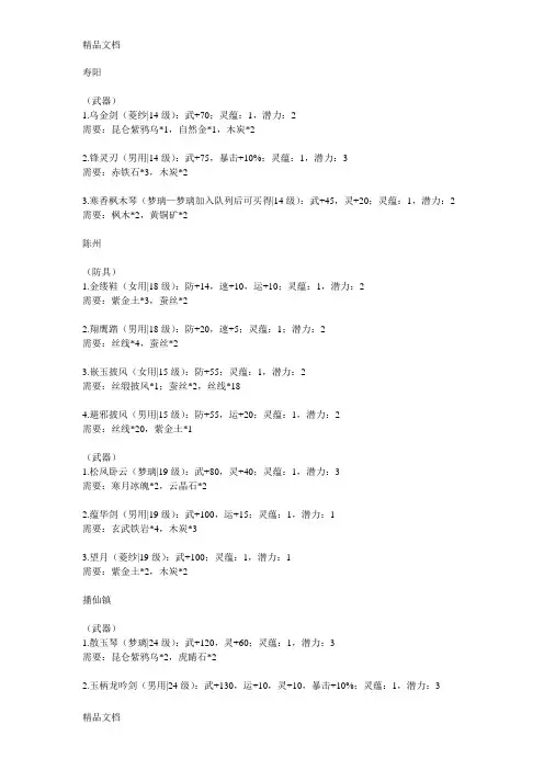 (整理)仙剑奇侠传4装备锻造注灵图谱全资料.
