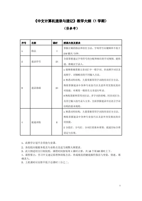 《中文计算机速录与速记》课程教学大纲
