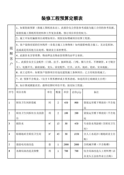 装修工程预算定额表