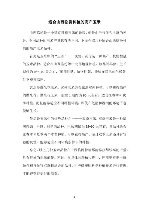 适合山西临汾种植的高产玉米