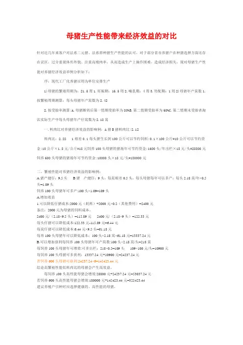 母猪生产性能带来经济效益的对比