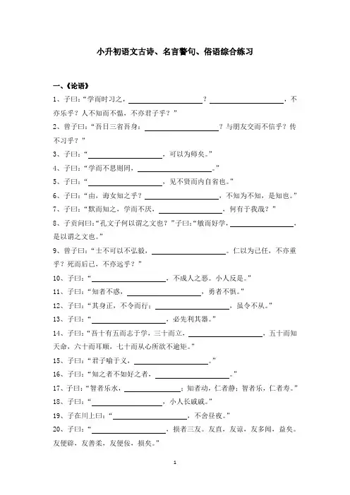 小升初语文古诗、名言警句、俗语综合练习及答案
