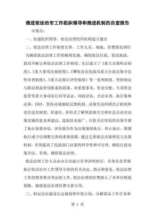 推进依法治市工作组织领导和推进机制的自查报告-精选范文