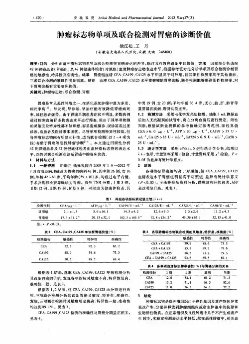 肿瘤标志物单项及联合检测对胃癌的诊断价值