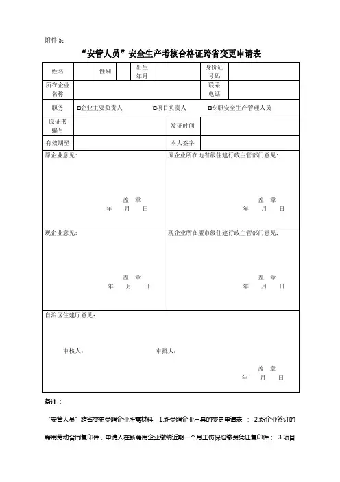 安全生产考核合格证跨省变更申请表