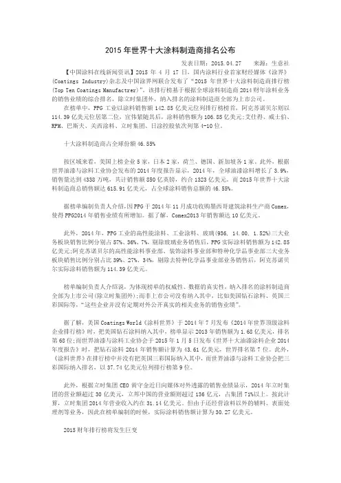 2015年世界十大涂料制造商排名公布