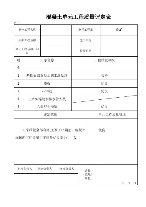 混凝土单元工程质量评定表