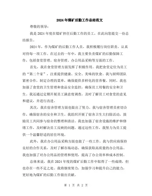 2024年煤矿后勤工作总结范文